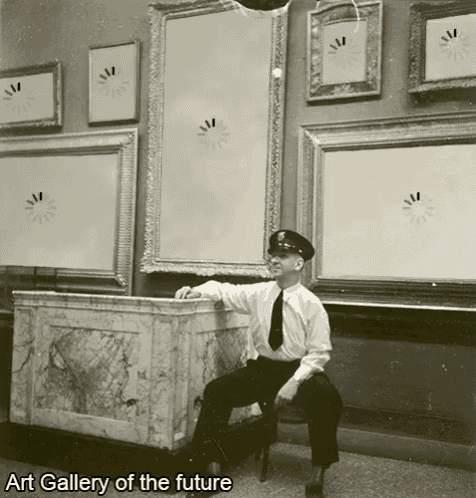 a black and white photo of an art gallery of the future with a man sitting on a counter