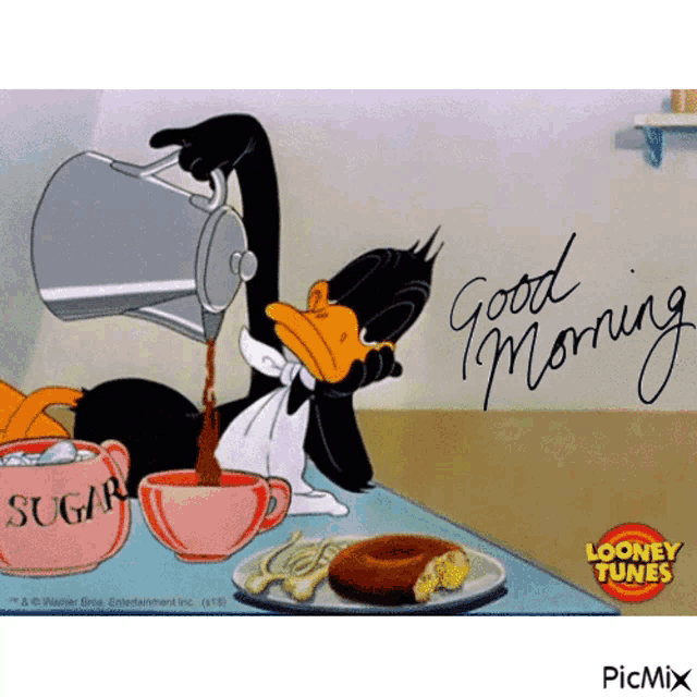 a cartoon of a duck pouring coffee with the words good morning written below