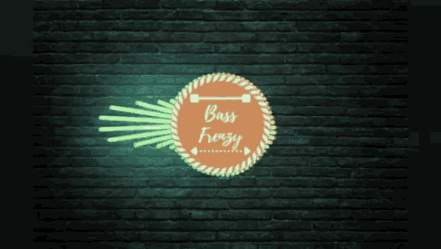 a brick wall with a neon sign that says bass frenzy