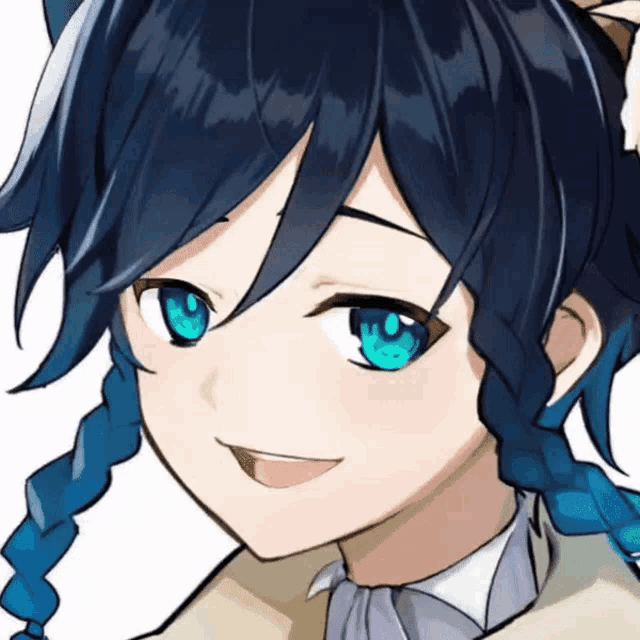 a close up of a anime character with blue hair and blue eyes