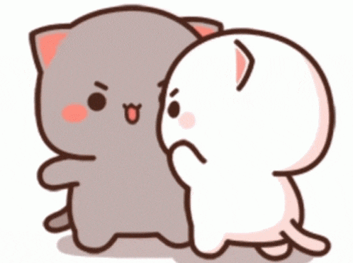 a couple of cartoon cats are standing next to each other .