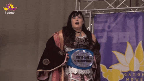 a woman wearing a belt that says super asian champion on it