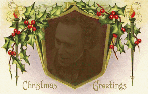 a christmas greetings card with a man in a shield