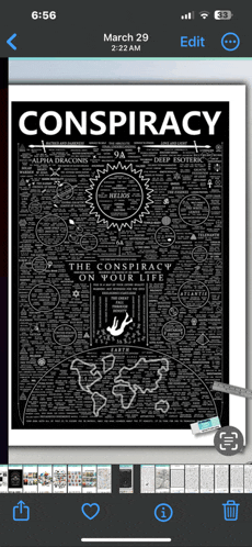 a phone screen shows a poster for conspiracy on march 29th