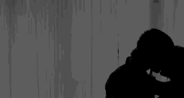 a silhouette of a man and woman kissing in front of a wooden wall .
