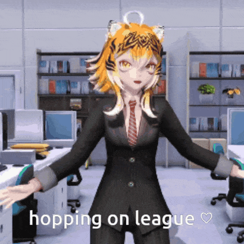 a cartoon character in a suit and tie says hopping on league in an office