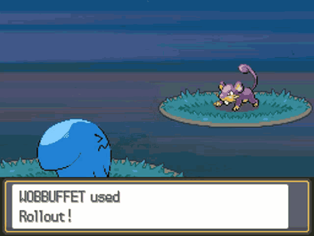 a screenshot of a video game that says wobbbuffet used rollout on it