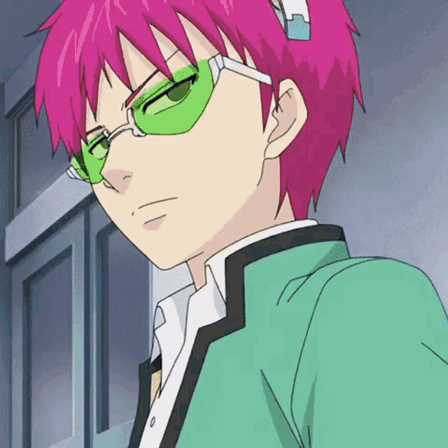 a cartoon character with pink hair and green glasses .