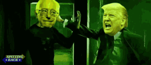 a painting of donald trump and bernie sanders with spitting back written on the bottom