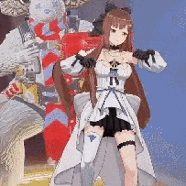 a woman in a white dress is standing next to a statue of a man in red armor .