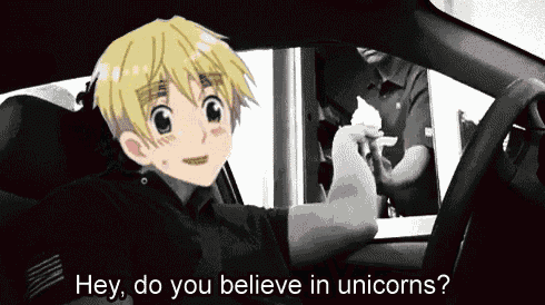 a boy in a car says hey do you believe in unicorns ..