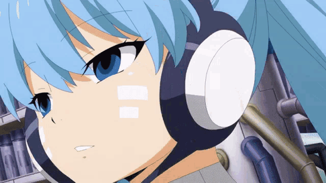 a close up of a blue haired anime girl with headphones on