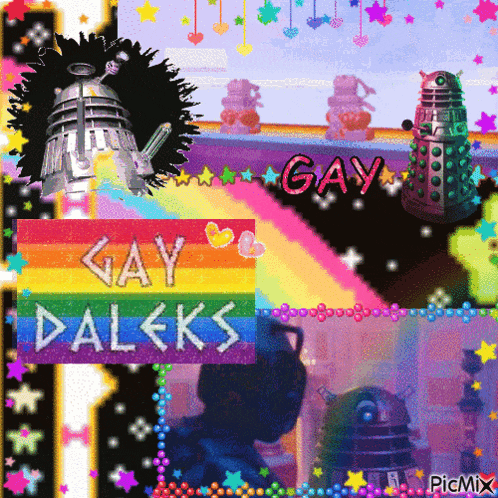 a collage of pictures with a sign that says gay daleks on it