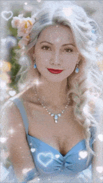 a woman wearing a blue dress and a necklace with hearts around her