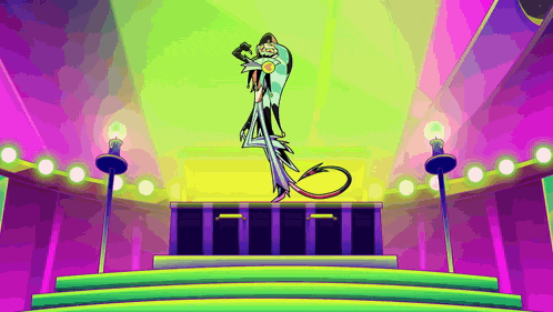 a cartoon character is standing on a stage in a room with a microphone .
