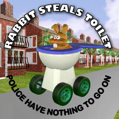 a picture of a rabbit stealing a toilet that says police have nothing to go on