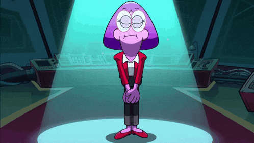 a purple cartoon character is standing in a room