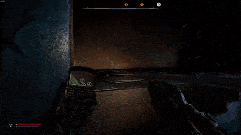 a screenshot of a video game shows a hand holding a flashlight in a dark room