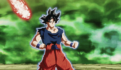 a cartoon of a man standing in front of a green background with a fireball in the background