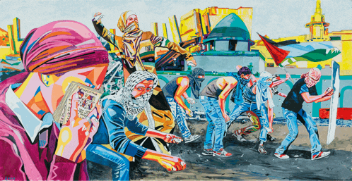 a colorful painting of a group of people with one holding a book that says ' a ' on it