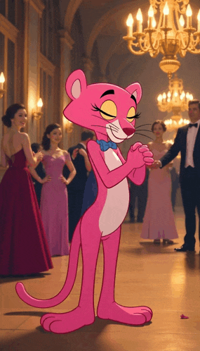 a pink panther wearing a blue bow tie stands in front of a crowd of people