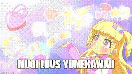 a pixel art of a girl with the words mugi luvs yumekawaii