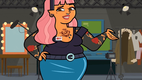 a cartoon of a woman with a name tag that says 0177