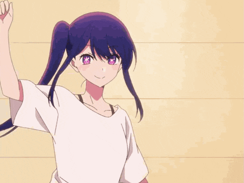 a girl with purple hair is giving a peace sign