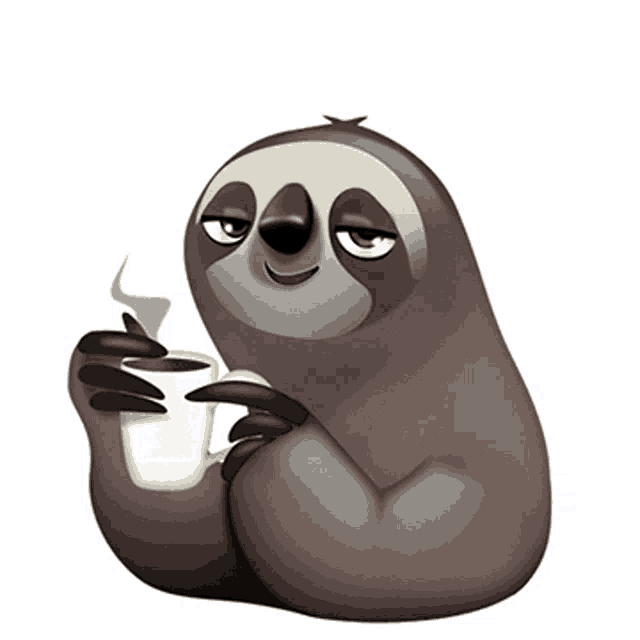 a cartoon sloth is drinking a cup of coffee