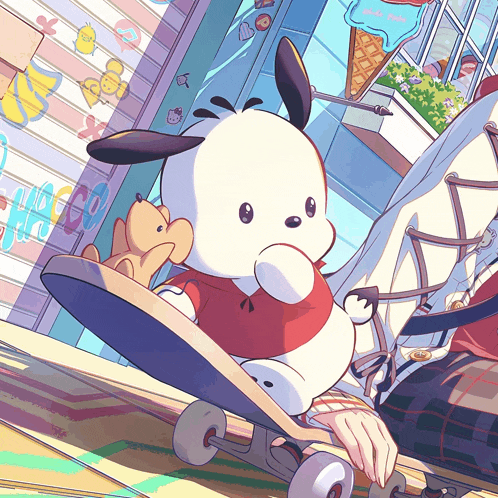a cartoon of a dog on a skateboard with the word choco written on the wall