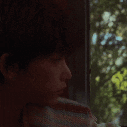 a woman looking out a window with a plaid blanket around her neck