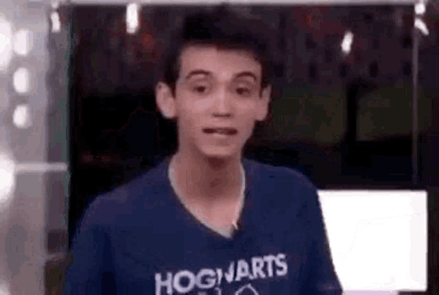 a young man wearing a hogwarts t-shirt is standing in front of a computer .