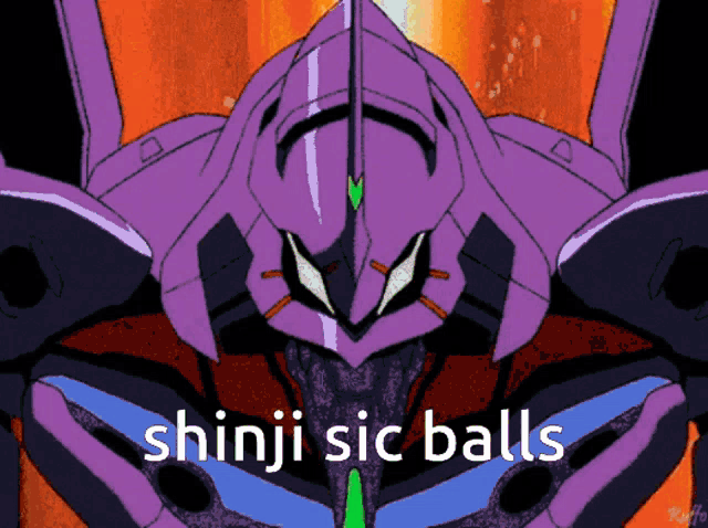 a purple robot with the words " shinji sic balls " on it