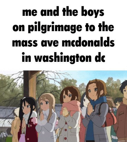 a group of girls are praying in front of a sign that says me and the boys on pilgrimage