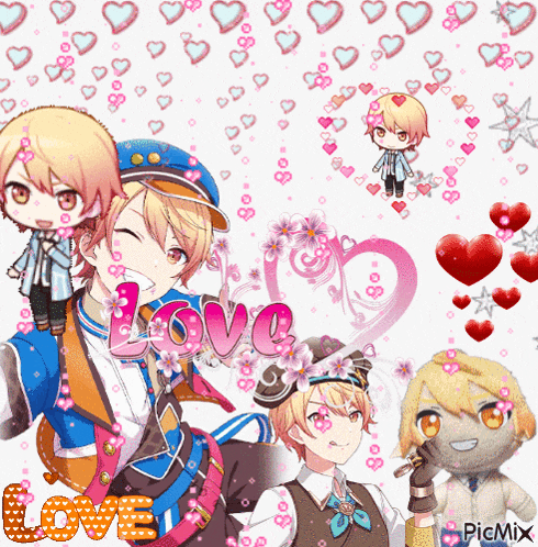 a collage of anime characters with the word love written in the middle