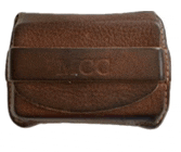 a brown leather wallet with the letters m.cc on it