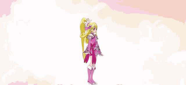 a cartoon girl in a pink dress is dancing with her arms in the air