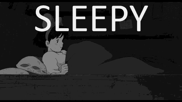 a black and white cartoon of a girl sleeping under a blanket with the word sleepy written above her .