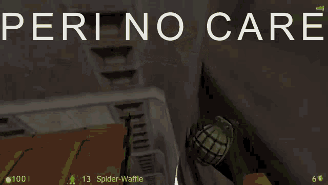 a video game called peri no care has a hand holding a green grenade