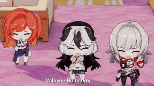 a video game character named valkyrie boltstorm is standing between two other characters