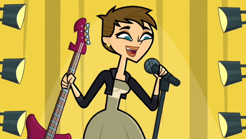 a cartoon of a woman singing into a microphone while holding a guitar