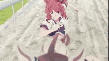 a girl with red hair and a white shirt that says ' tokyo ' on it