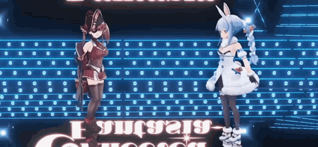 two anime characters standing next to each other in front of a sign that says ' christmas '