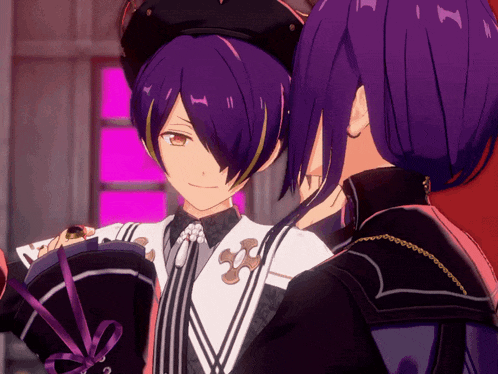 two anime characters with purple hair are standing next to each other in front of a pink background