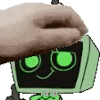 a hand is holding a donut over a cartoon character with green eyes .