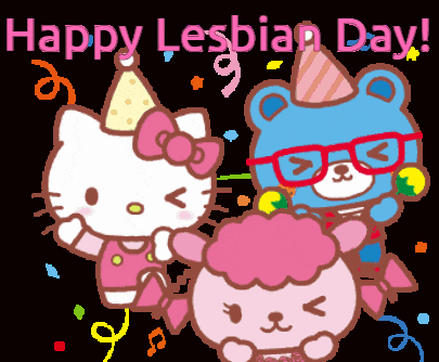 a hello kitty cartoon says happy lesbian day on a black background