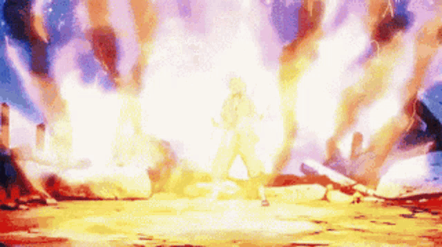 a man is standing in front of a huge explosion .
