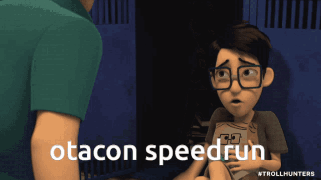 a cartoon of a boy with glasses and the words otacon speedrun