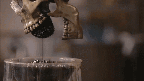a skull is pouring liquid into a cup of water .