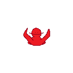 a pixel art drawing of a red frog with its arms outstretched .